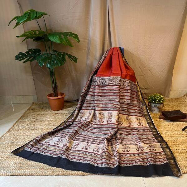 Rust Red printed Bagru Saree
