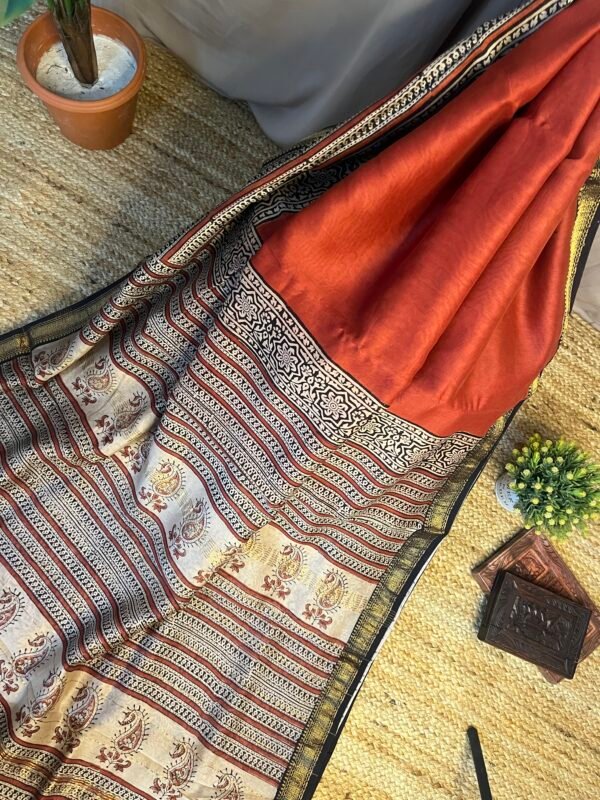 Rust Red printed Bagru Saree