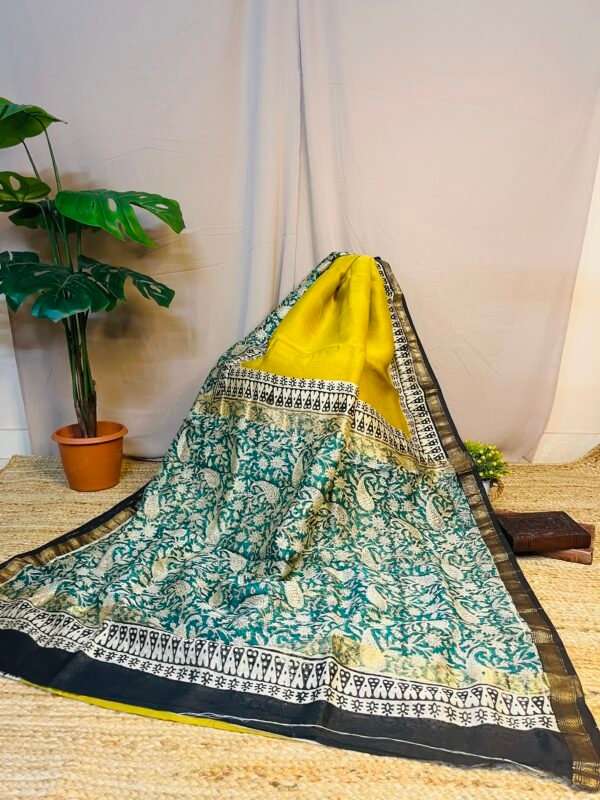 Yellow Green Natural Dyed Bagru Print Saree