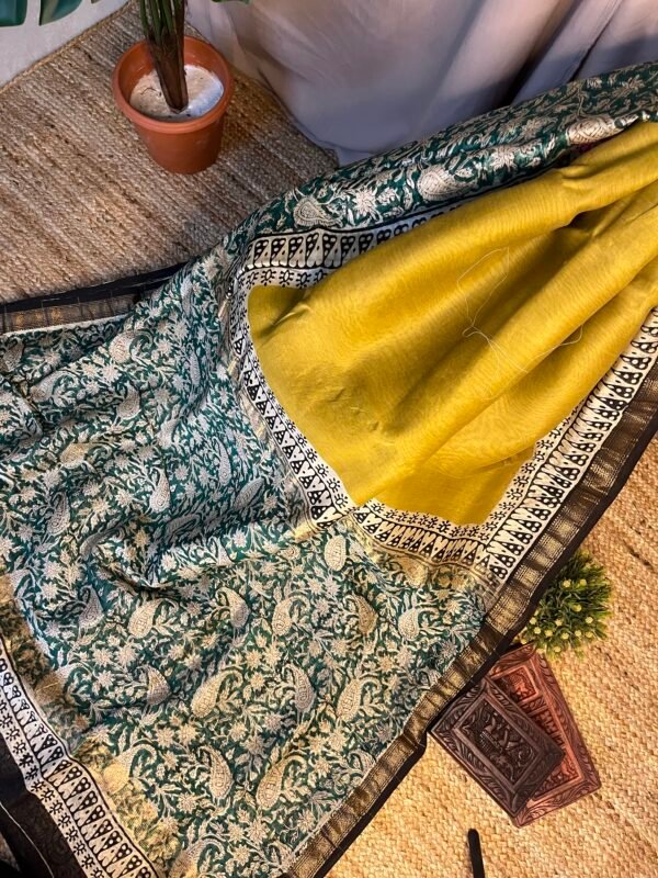 Yellow Green Natural Dyed Bagru Print Saree