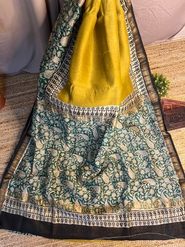 Yellow Green Natural Dyed Bagru Print Saree