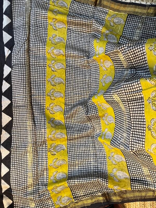 Checkered Handblock Printed Chanderi Silk Cotton Bagru