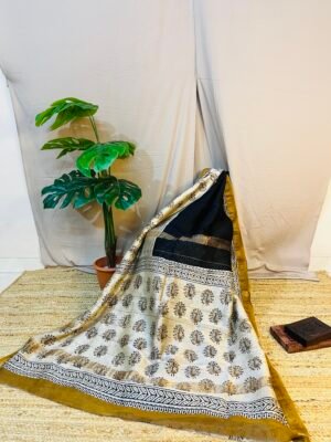 Peacock Handprint Black & Beige Chanderi Silk Cotton Bagru