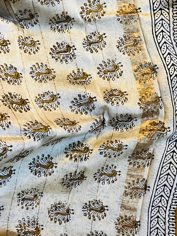 IMG_7788.JPG Peacock Handprint Black & Beige Chanderi Silk Cotton Bagru