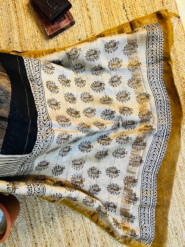 IMG_7789.JPG Peacock Handprint Black & Beige Chanderi Silk Cotton Bagru
