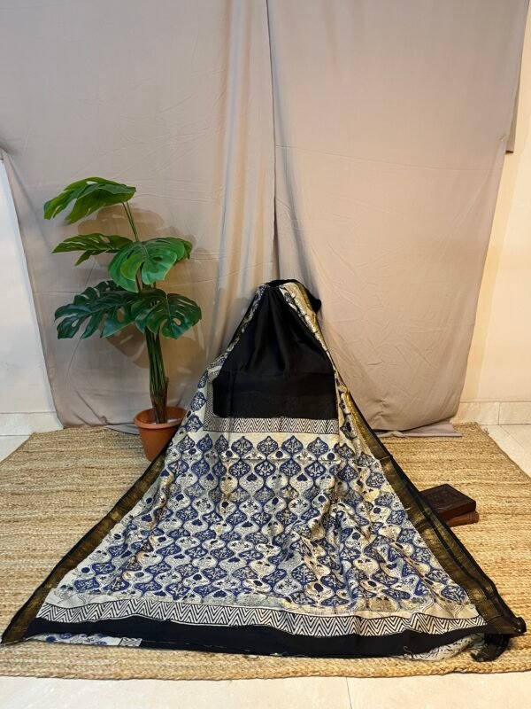 Buta Handprint Black & Blue Chanderi Silk Cotton Bagru