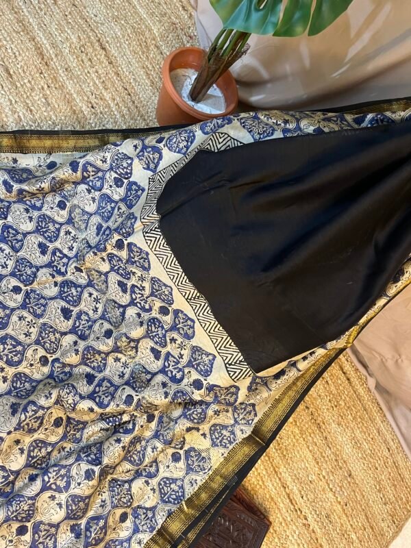 Buta Handprint Black & Blue Chanderi Silk Cotton Bagru