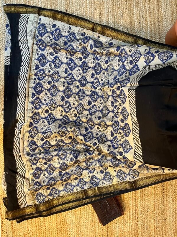 Buta Handprint Black & Blue Chanderi Silk Cotton Bagru