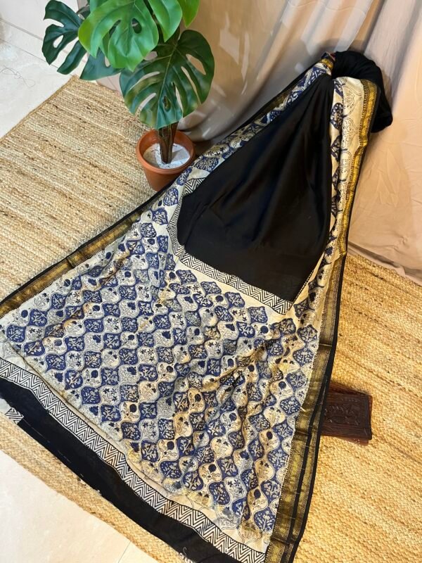 Buta Handprint Black & Blue Chanderi Silk Cotton Bagru