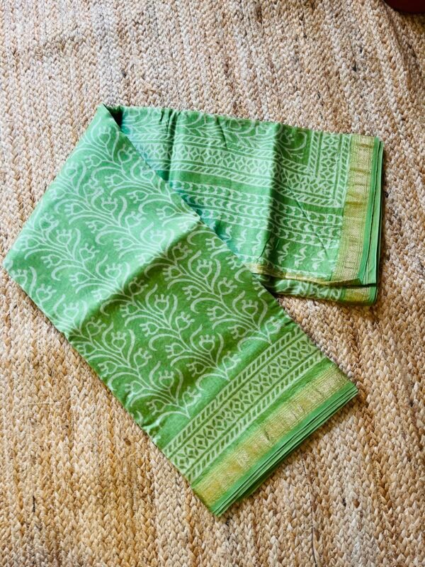 Green Flower Motif Chanderi Silk Cotton Bagru