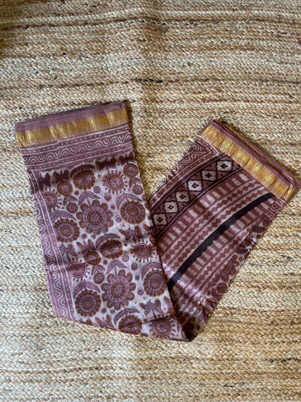 Brown Flower Motif Chanderi Silk Cotton Bagru