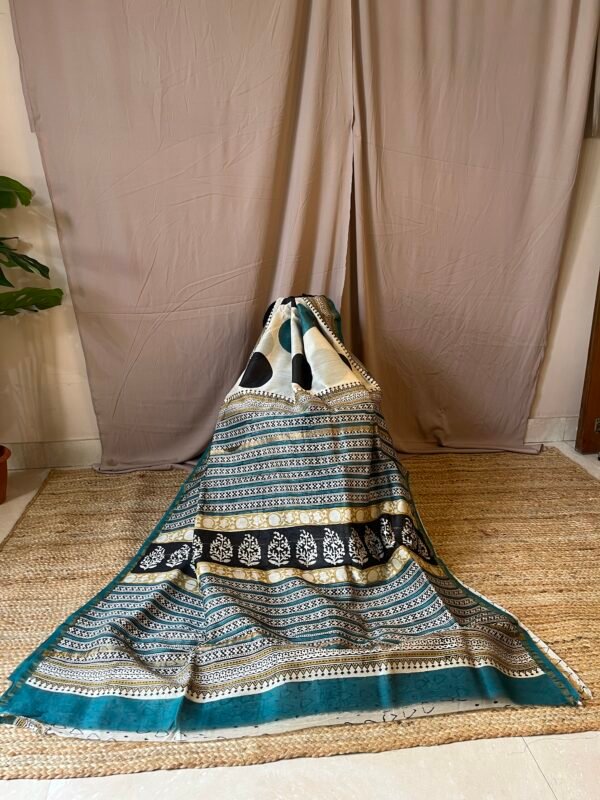 Teal and black polka dot cotton silk Chanderi saree