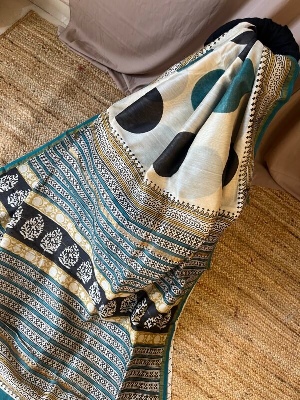 Teal and black polka dot cotton silk Chanderi saree