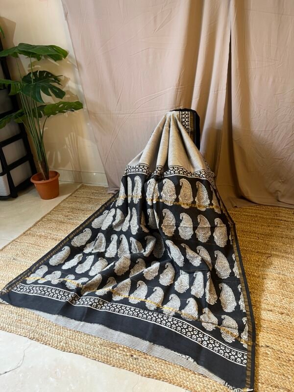 IMG_8414.JPG black & off-white Chanderi silk cotton saree with traditional handblock ajrakh paisley motifs
