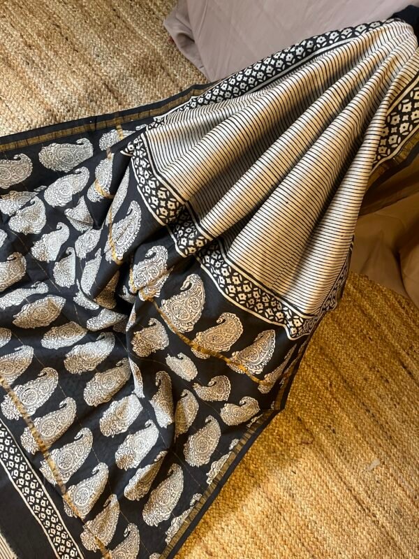 IMG_8416.JPG black & off-white Chanderi silk cotton saree with traditional handblock ajrakh paisley motifs